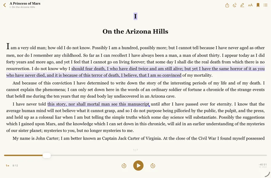 A saved highlight with a note, shown on the page on iPad